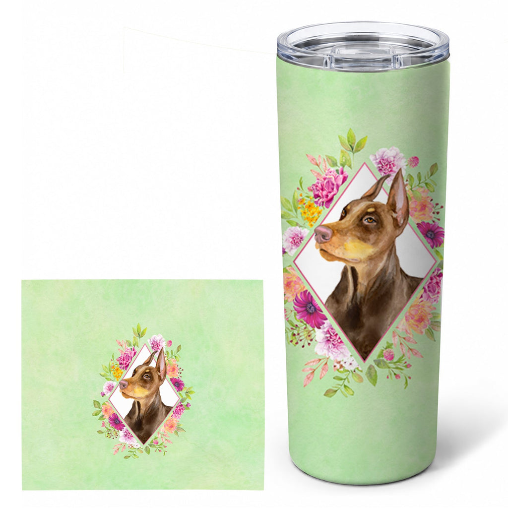 Doberman Pinscher Green Flowers Stainless Steel Skinny Tumbler 20 oz Vacuum Double Walled Reusable Insulated Travel Cup