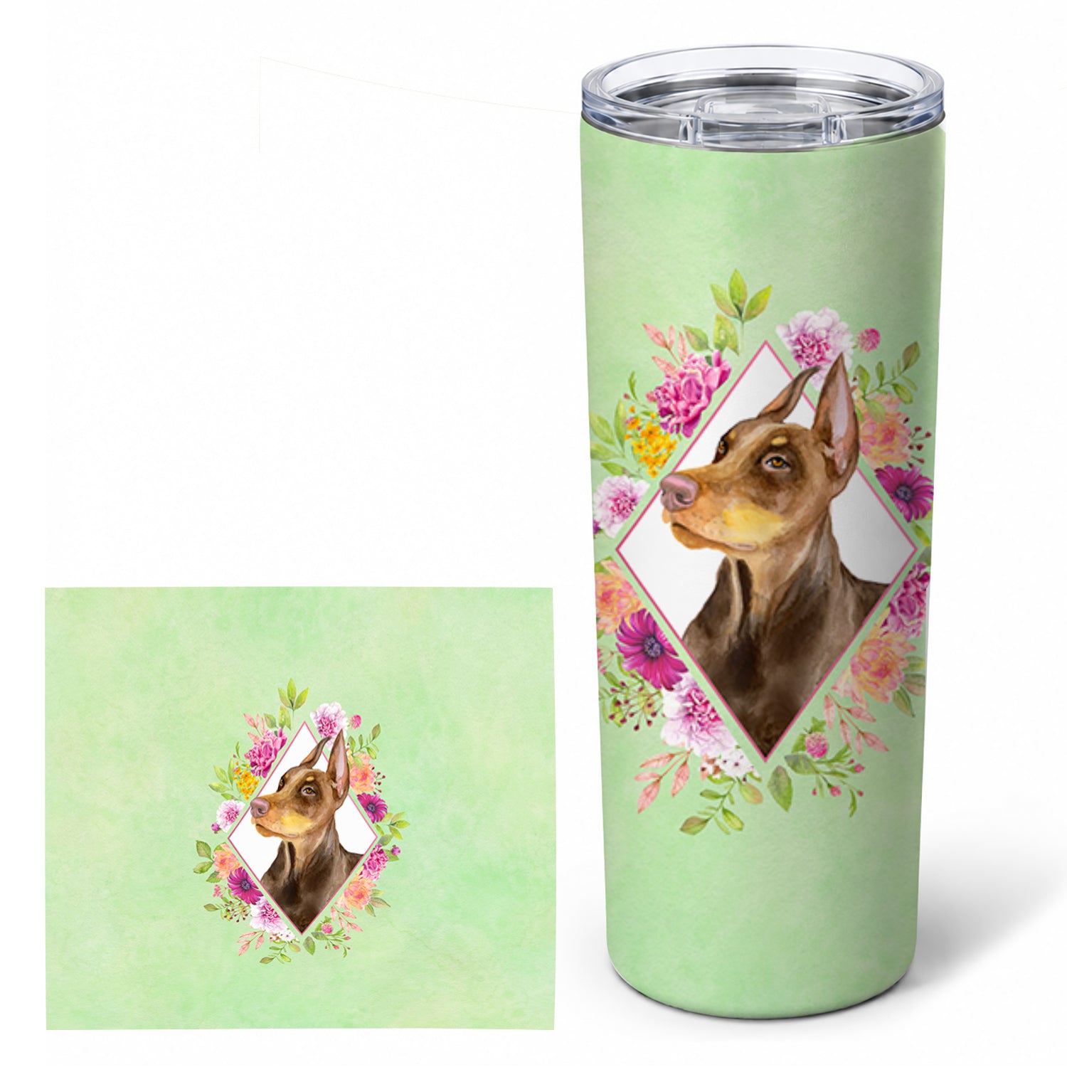 Doberman Pinscher Green Flowers Stainless Steel Skinny Tumbler 20 oz Vacuum Double Walled Reusable Insulated Travel Cup