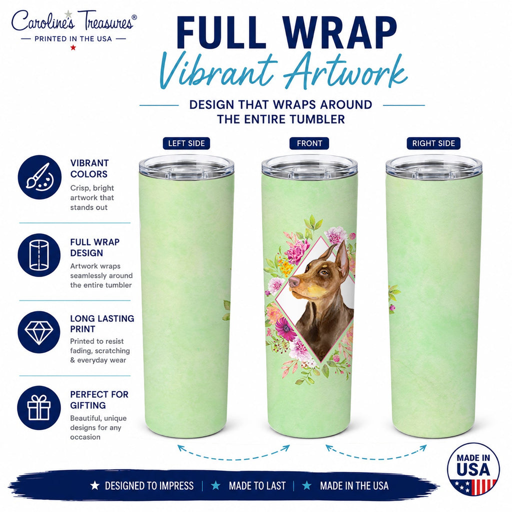 Doberman Pinscher Green Flowers Stainless Steel Skinny Tumbler 20 oz Vacuum Double Walled Reusable Insulated Travel Cup