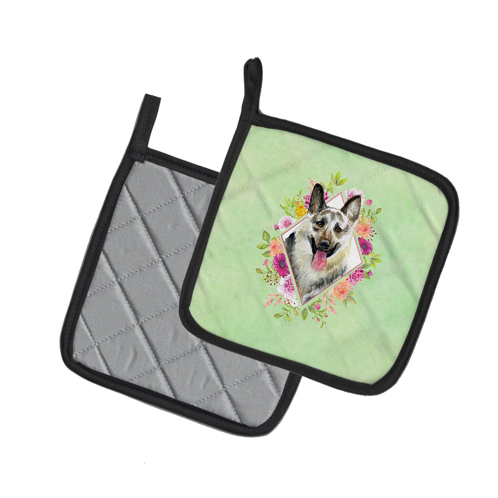 Eastern German Shepherd Green Flowers Pot Holder Set of 2 Heat Resistant Quilted Hot Pads 7.5 x 7.5 Inch, Insulated Kitchen Trivets for Cooking & Baking