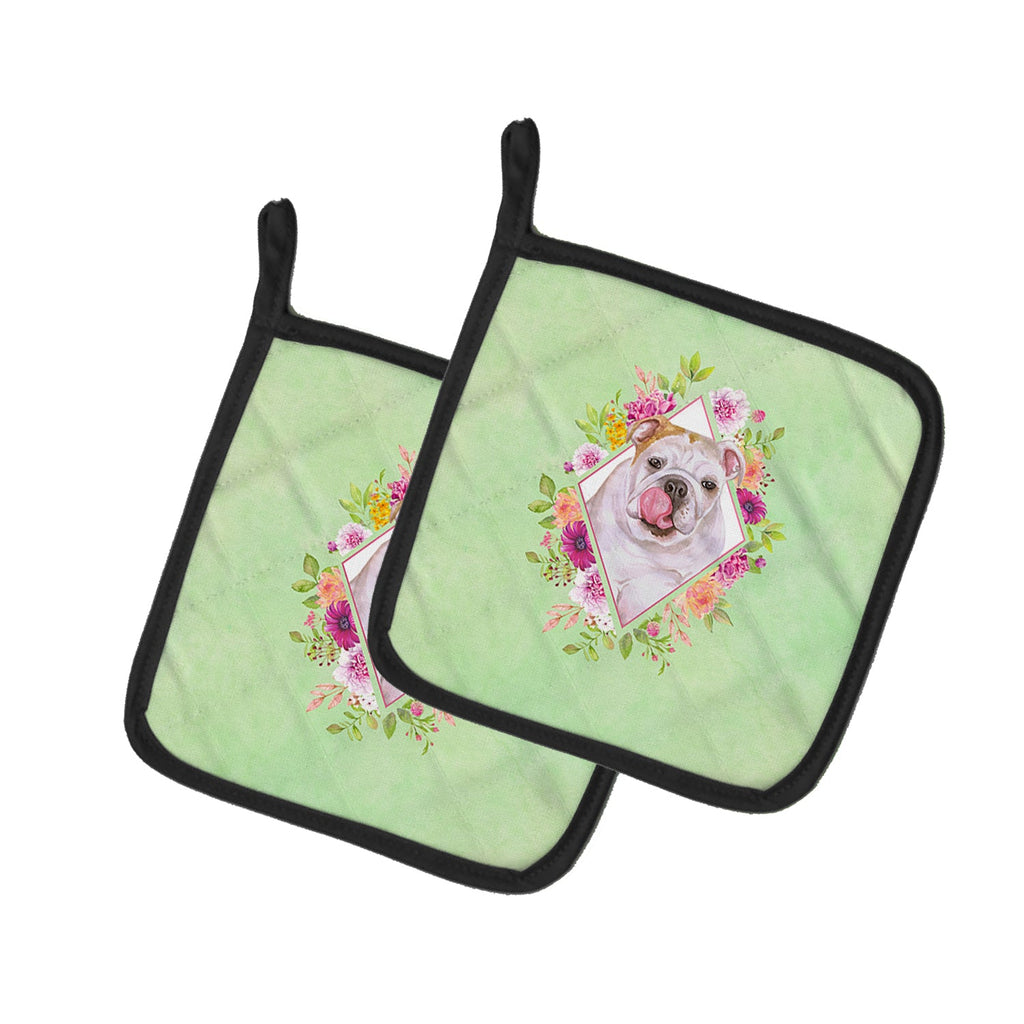 English Bulldog Green Flowers Pot Holder Set of 2 Heat Resistant Quilted Hot Pads 7.5 x 7.5 Inch, Insulated Kitchen Trivets for Cooking & Baking
