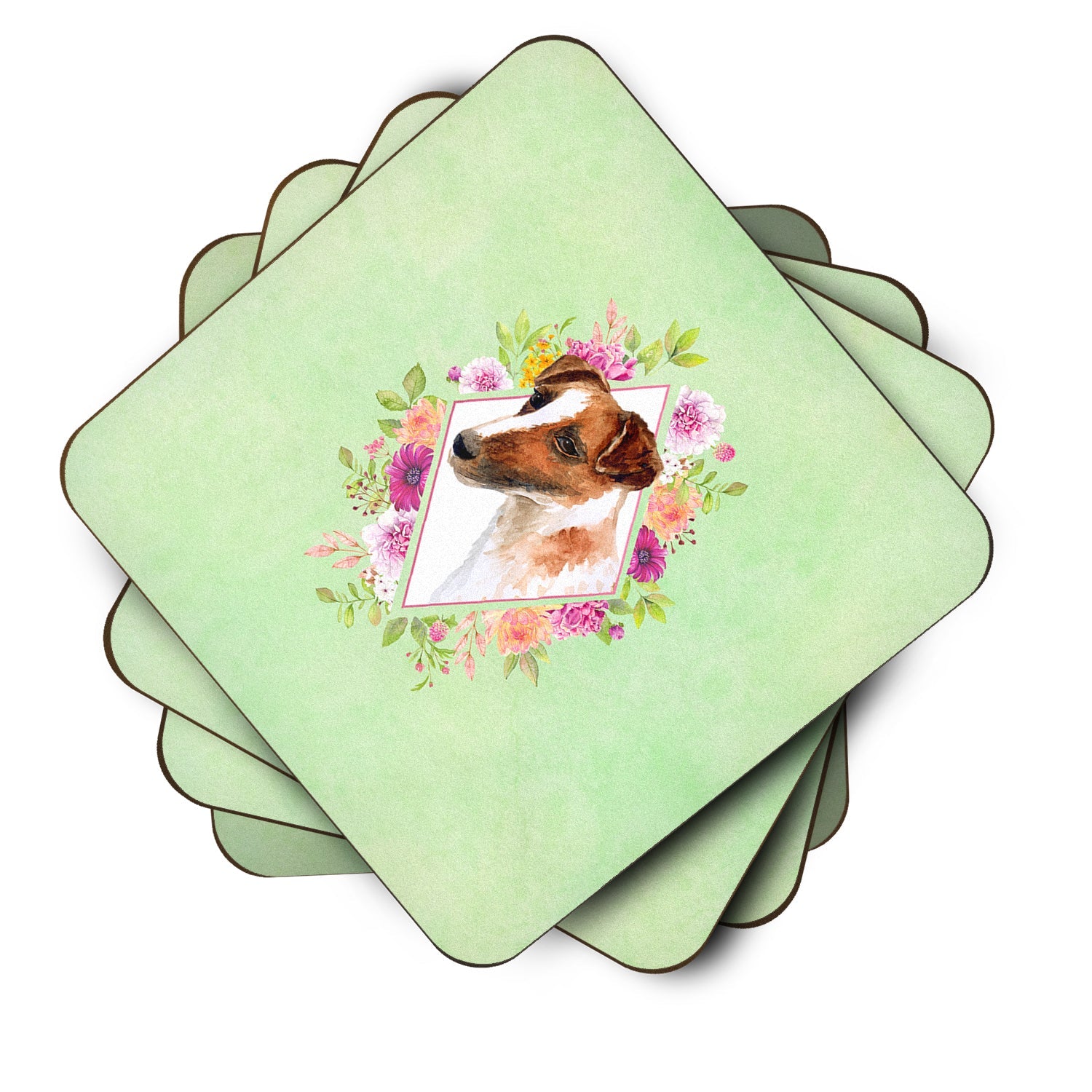 Jack Russell Terrier Green Flowers Foam Coasters Set of 4 Cup Coasters for Indoor Outdoor, Tabletop Protection, Anti Slip, Mouse pad Material