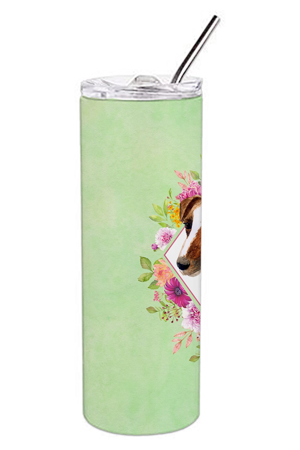 Jack Russell Terrier Green Flowers Stainless Steel Skinny Tumbler 20 oz Vacuum Double Walled Reusable Insulated Travel Cup