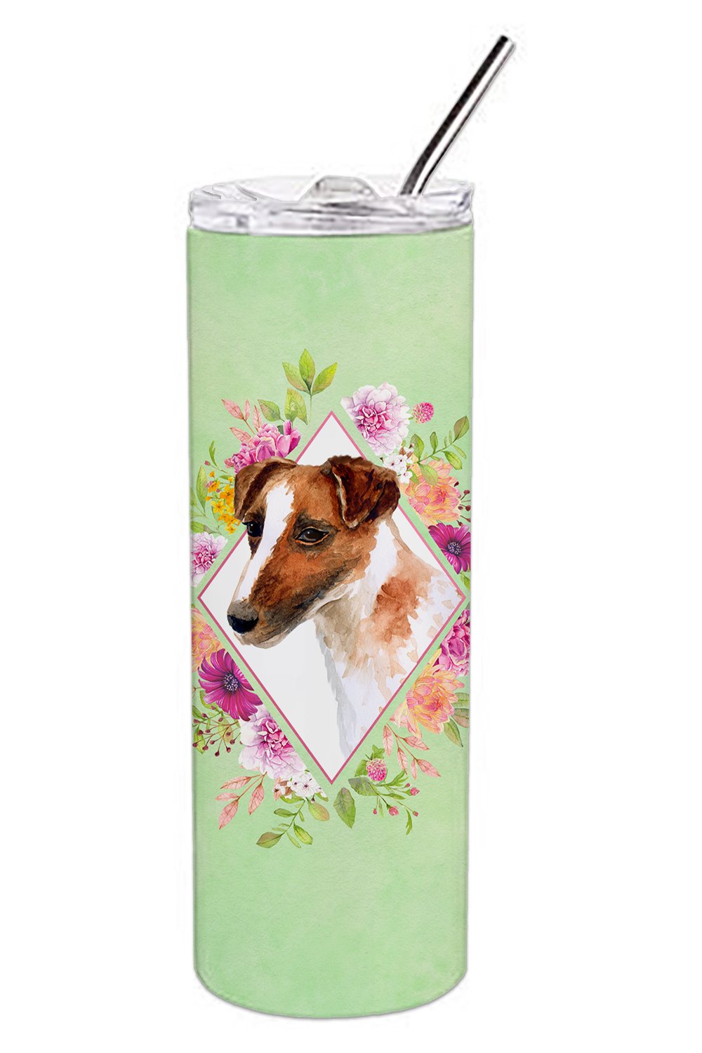 Jack Russell Terrier Green Flowers Stainless Steel Skinny Tumbler 20 oz Vacuum Double Walled Reusable Insulated Travel Cup