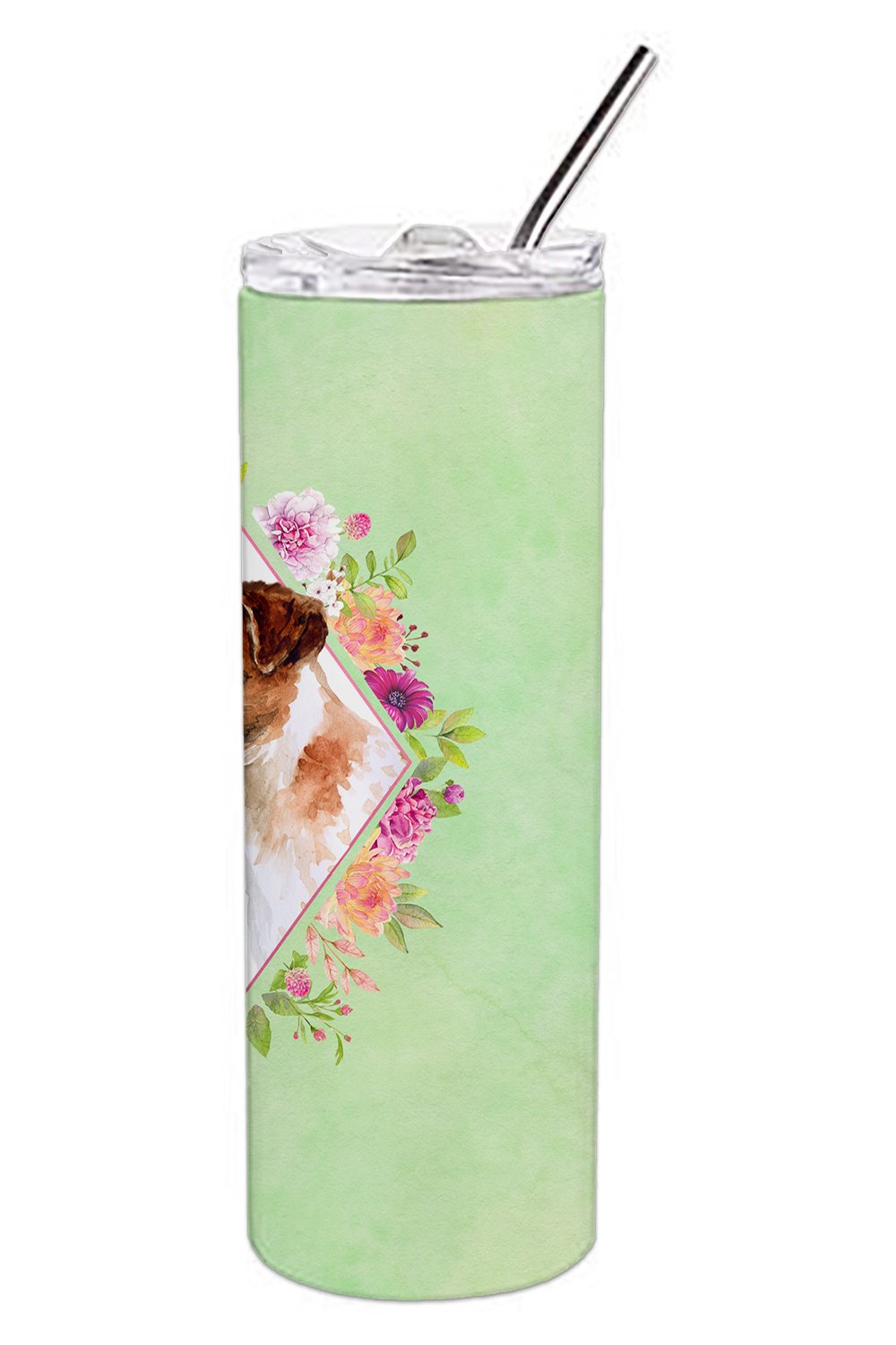 Jack Russell Terrier Green Flowers Stainless Steel Skinny Tumbler 20 oz Vacuum Double Walled Reusable Insulated Travel Cup