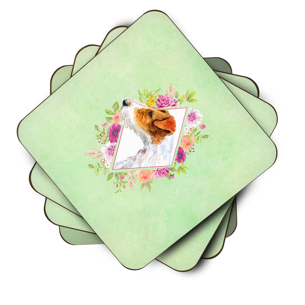 Jack Russell Terrier #2 Green Flowers Foam Coasters Set of 4 Cup Coasters for Indoor Outdoor, Tabletop Protection, Anti Slip, Mouse pad Material