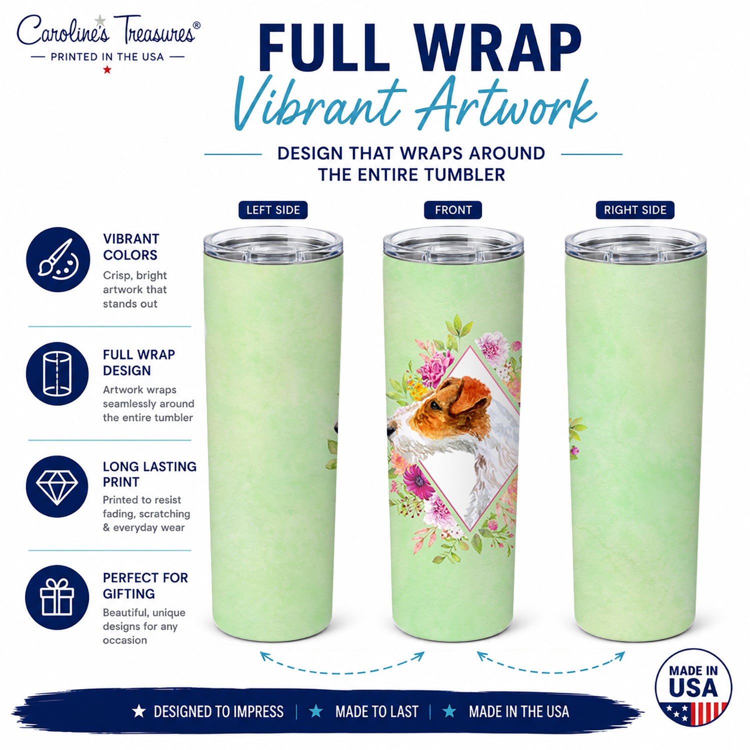 Jack Russell Terrier #2 Green Flowers Stainless Steel Skinny Tumbler 20 oz Vacuum Double Walled Reusable Insulated Travel Cup