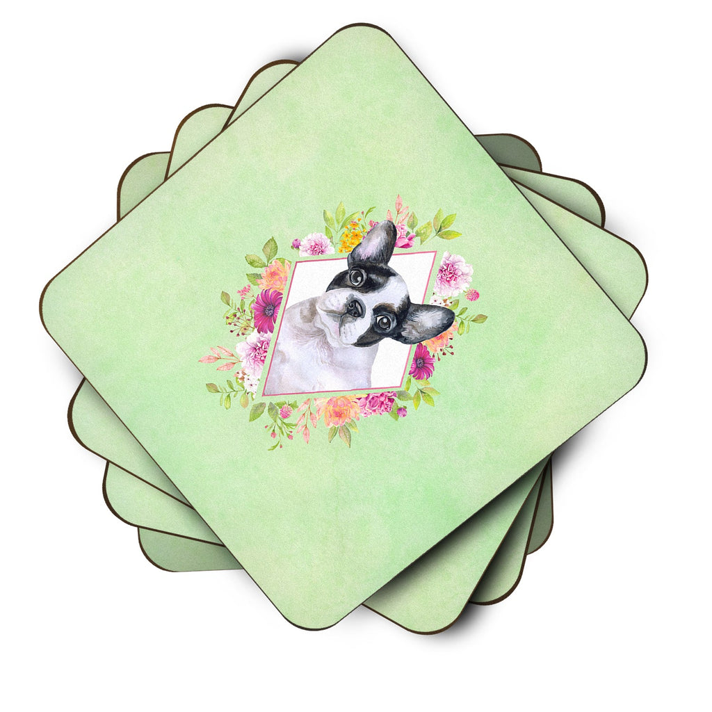 French Bulldog Green Flowers Foam Coasters Set of 4 Cup Coasters for Indoor Outdoor, Tabletop Protection, Anti Slip, Mouse pad Material