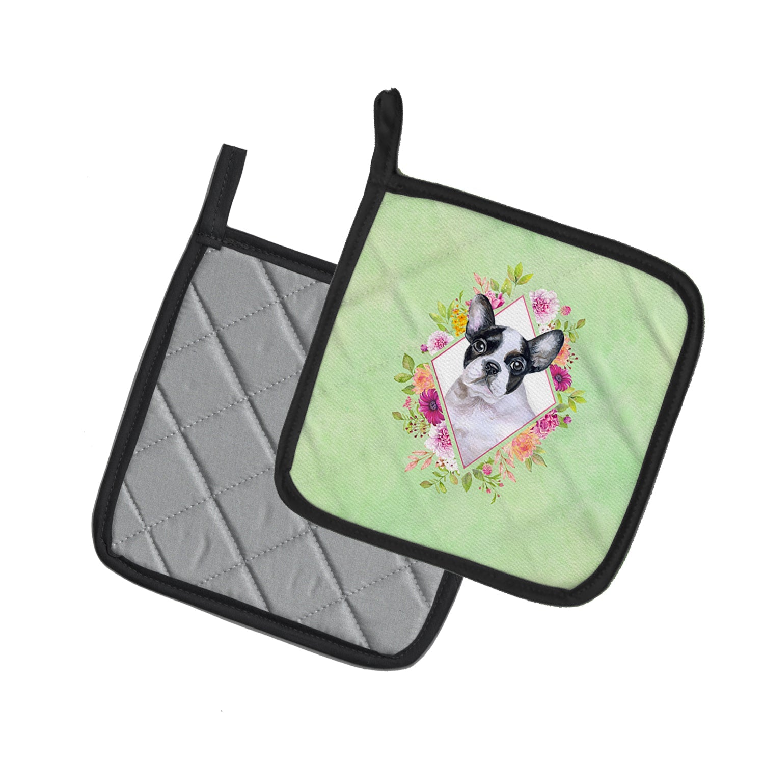 French Bulldog Green Flowers Pot Holder Set of 2 Heat Resistant Quilted Hot Pads 7.5 x 7.5 Inch, Insulated Kitchen Trivets for Cooking & Baking