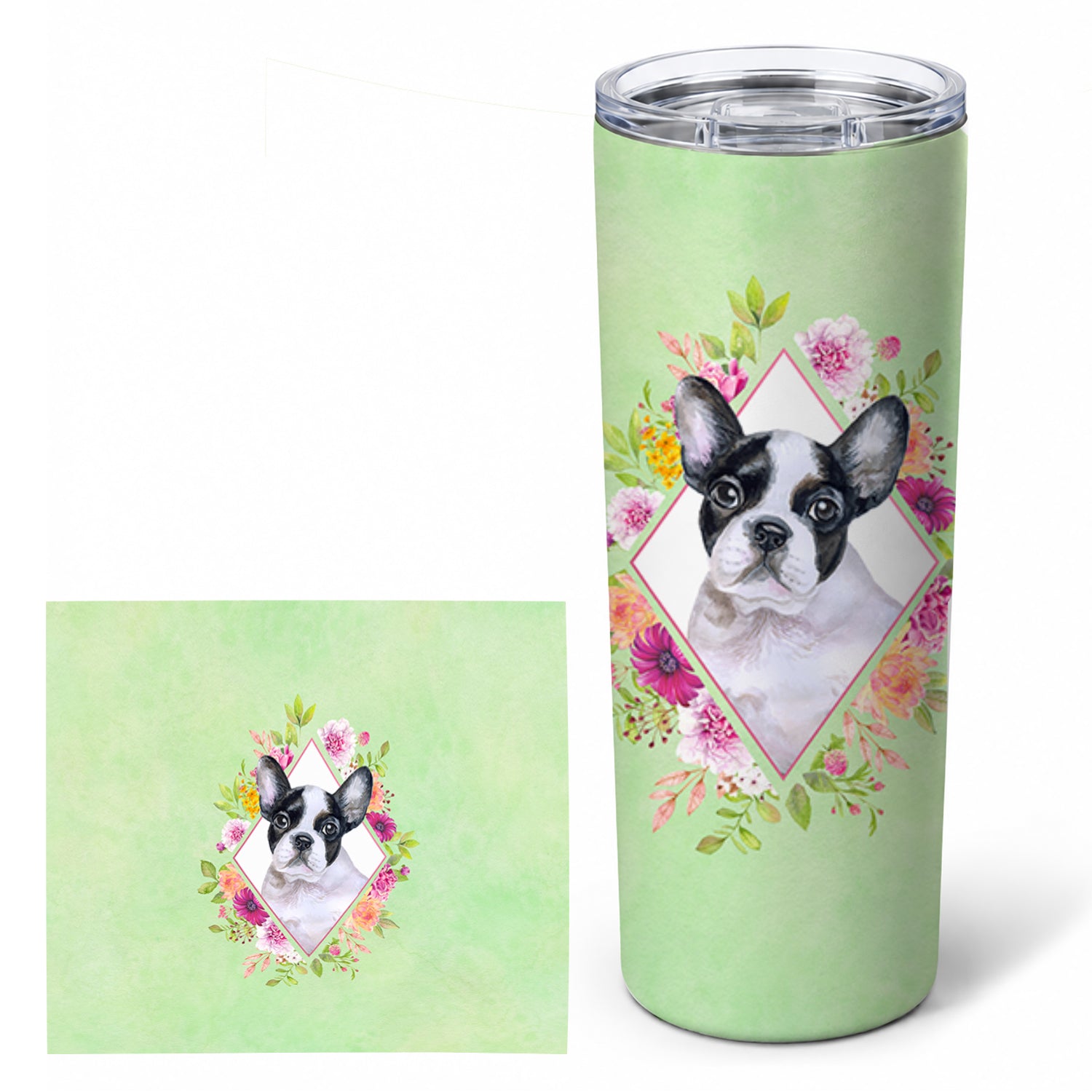 French Bulldog Green Flowers Stainless Steel Skinny Tumbler 20 oz Vacuum Double Walled Reusable Insulated Travel Cup