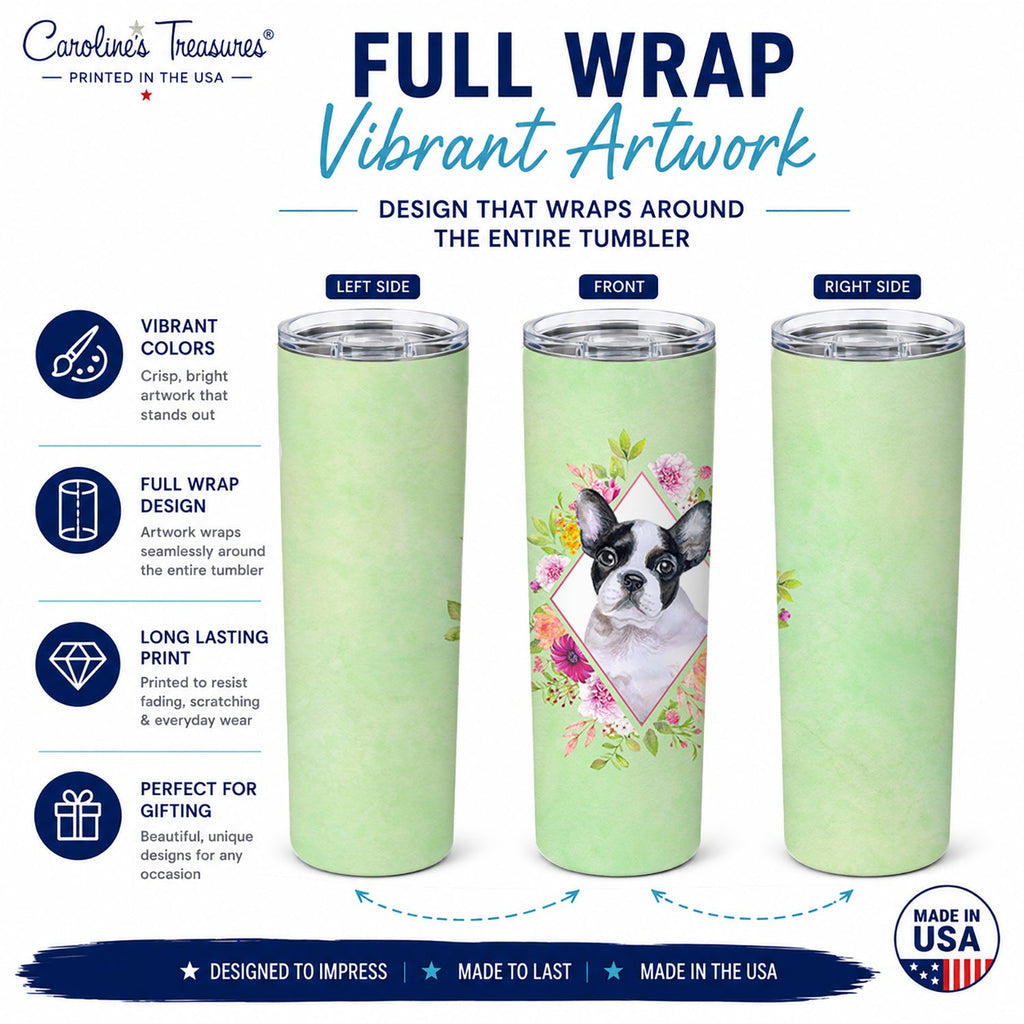 French Bulldog Green Flowers Stainless Steel Skinny Tumbler 20 oz Vacuum Double Walled Reusable Insulated Travel Cup