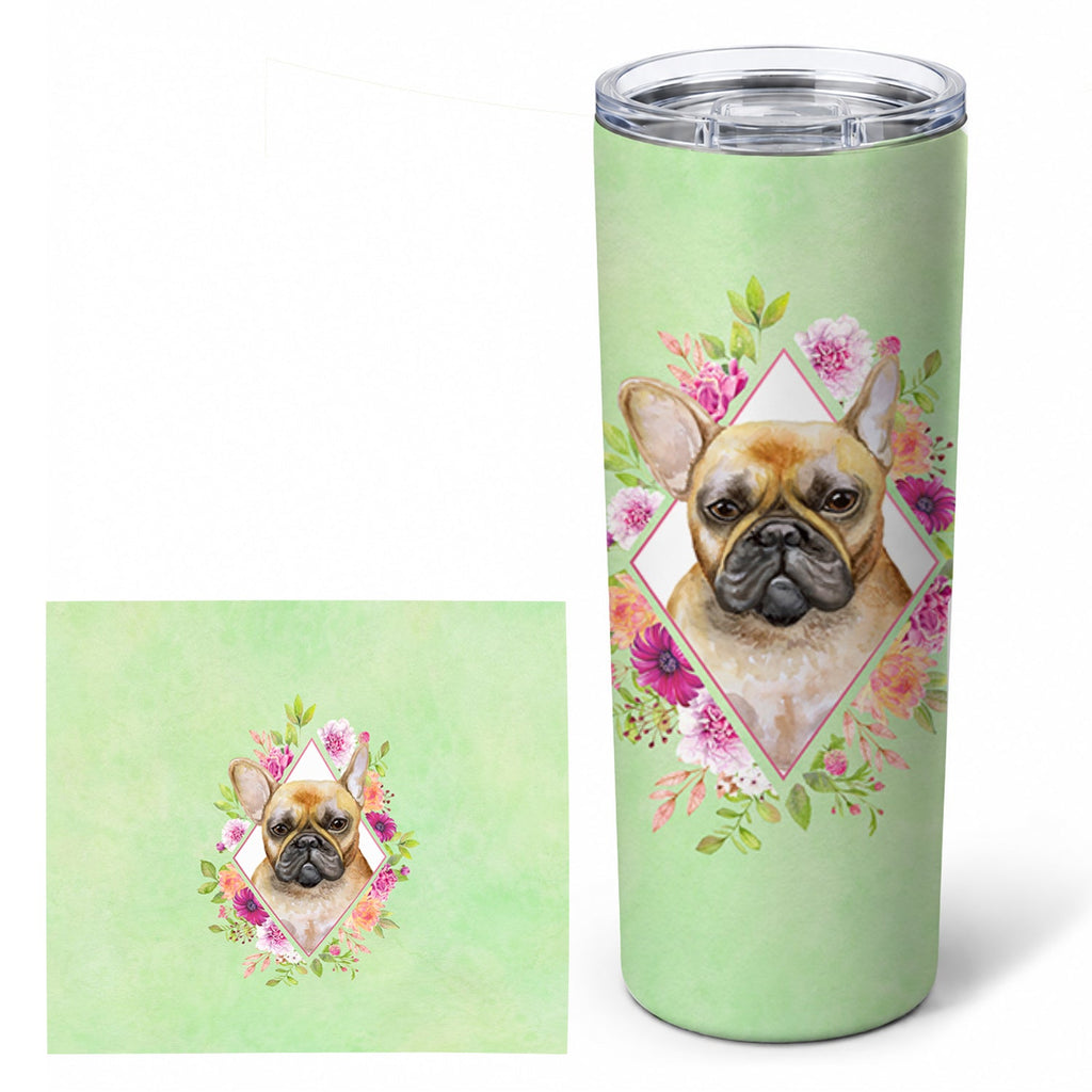Fawn French Bulldog Green Flowers Stainless Steel Skinny Tumbler 20 oz Vacuum Double Walled Reusable Insulated Travel Cup