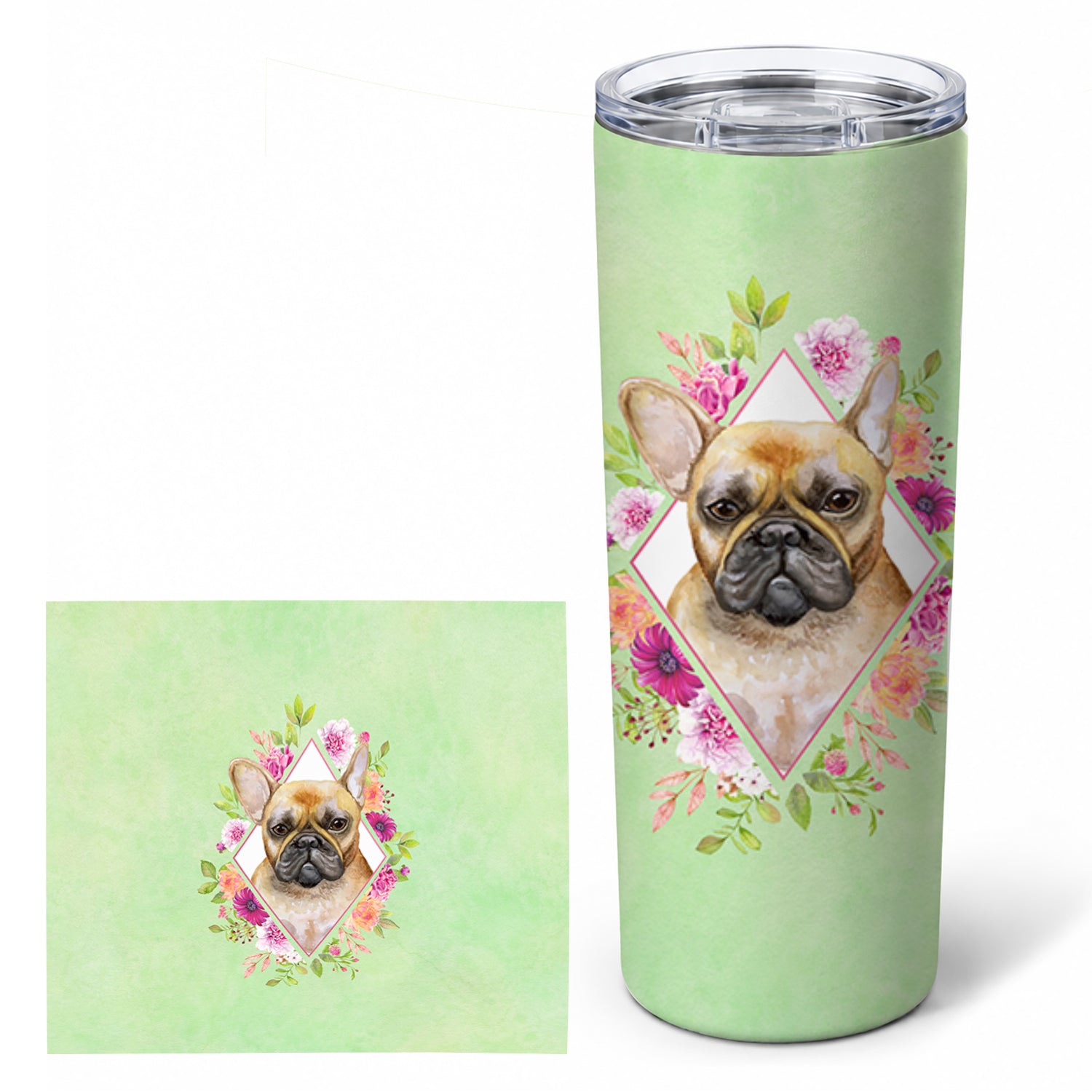 Fawn French Bulldog Green Flowers Stainless Steel Skinny Tumbler 20 oz Vacuum Double Walled Reusable Insulated Travel Cup