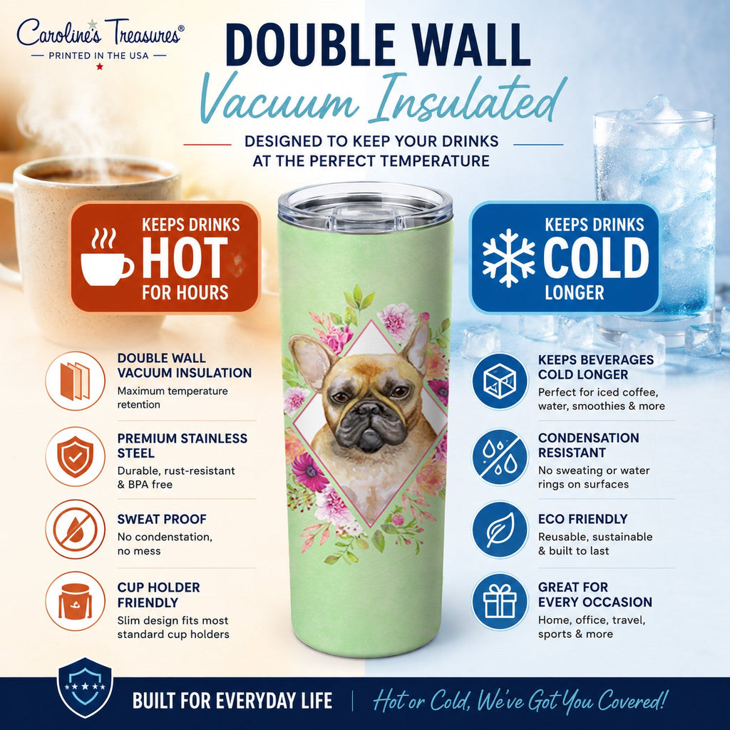 Fawn French Bulldog Green Flowers Stainless Steel Skinny Tumbler 20 oz Vacuum Double Walled Reusable Insulated Travel Cup