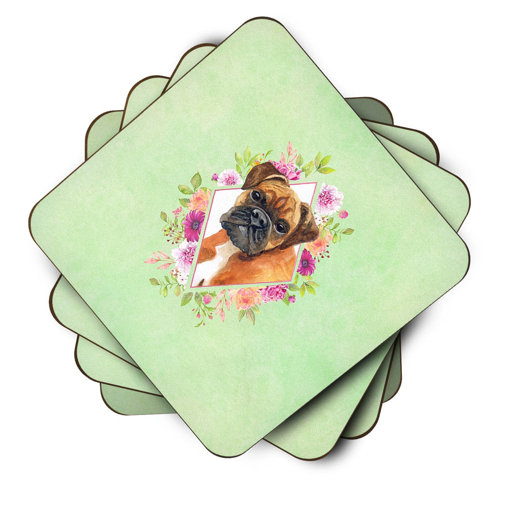 German Boxer Green Flowers Foam Coasters Set of 4 Cup Coasters for Indoor Outdoor, Tabletop Protection, Anti Slip, Mouse pad Material