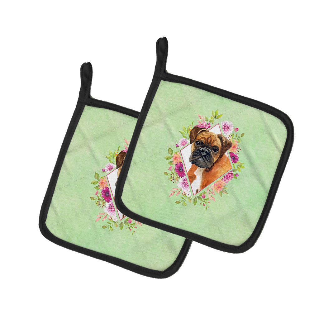 German Boxer Green Flowers Pot Holder Set of 2 Heat Resistant Quilted Hot Pads 7.5 x 7.5 Inch, Insulated Kitchen Trivets for Cooking & Baking