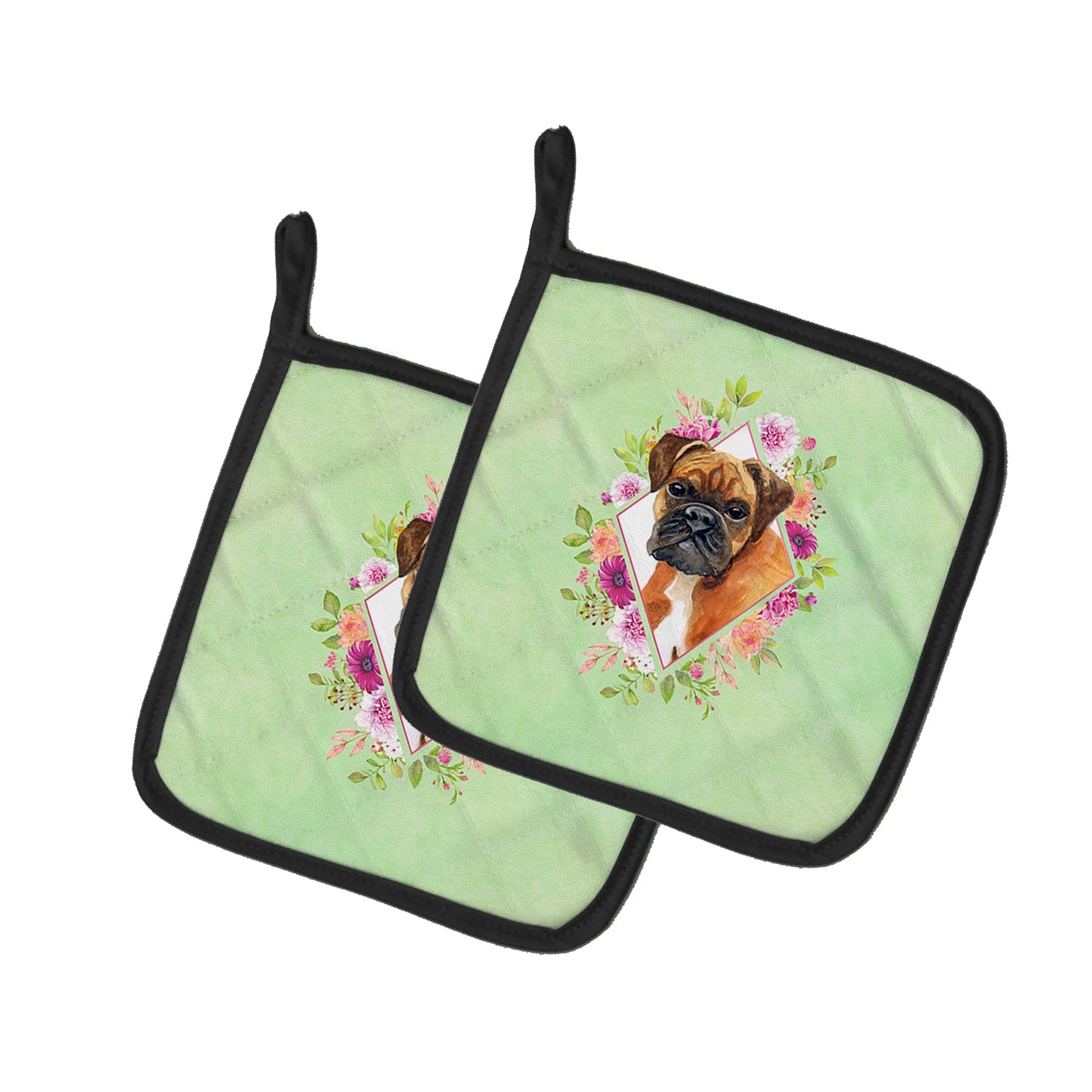 German Boxer Green Flowers Pot Holder Set of 2 Heat Resistant Quilted Hot Pads 7.5 x 7.5 Inch, Insulated Kitchen Trivets for Cooking & Baking