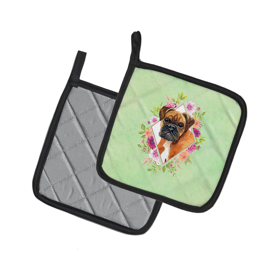 German Boxer Green Flowers Pot Holder Set of 2 Heat Resistant Quilted Hot Pads 7.5 x 7.5 Inch, Insulated Kitchen Trivets for Cooking & Baking