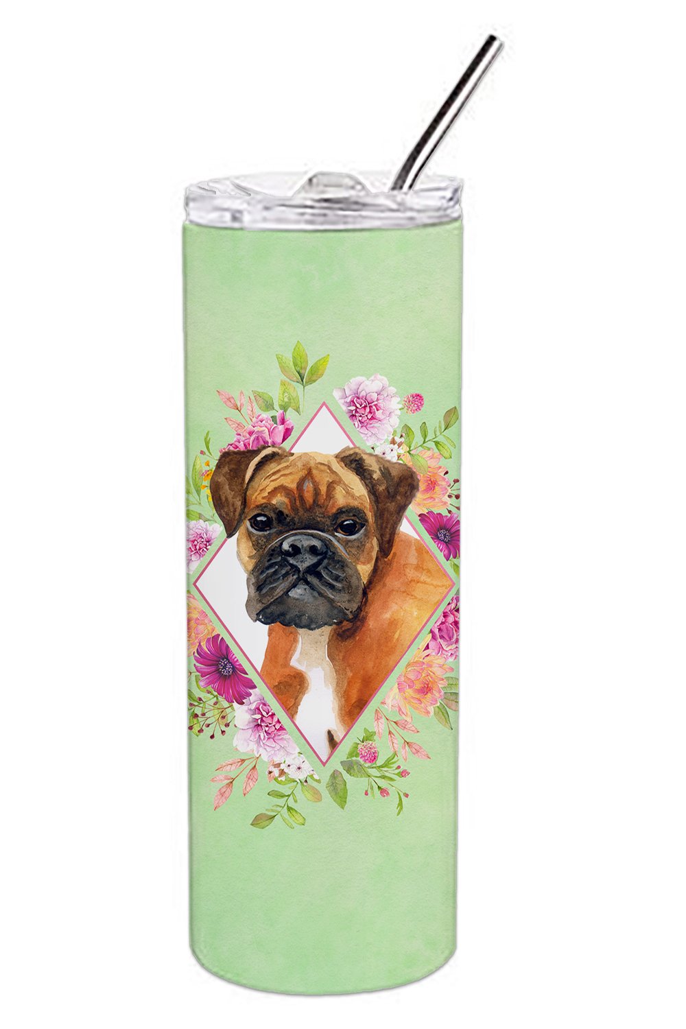 German Boxer Green Flowers Stainless Steel Skinny Tumbler 20 oz Vacuum Double Walled Reusable Insulated Travel Cup