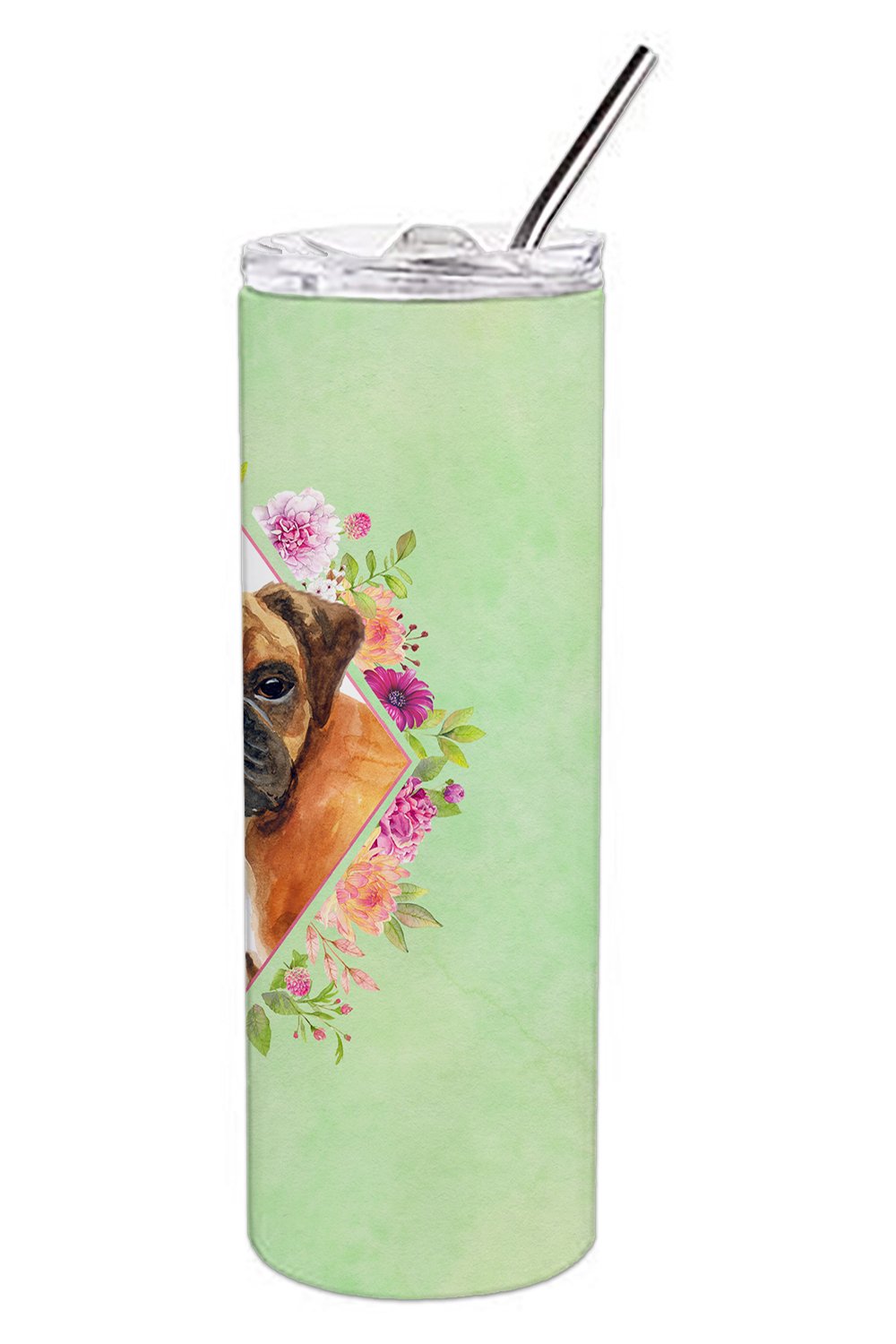 German Boxer Green Flowers Stainless Steel Skinny Tumbler 20 oz Vacuum Double Walled Reusable Insulated Travel Cup