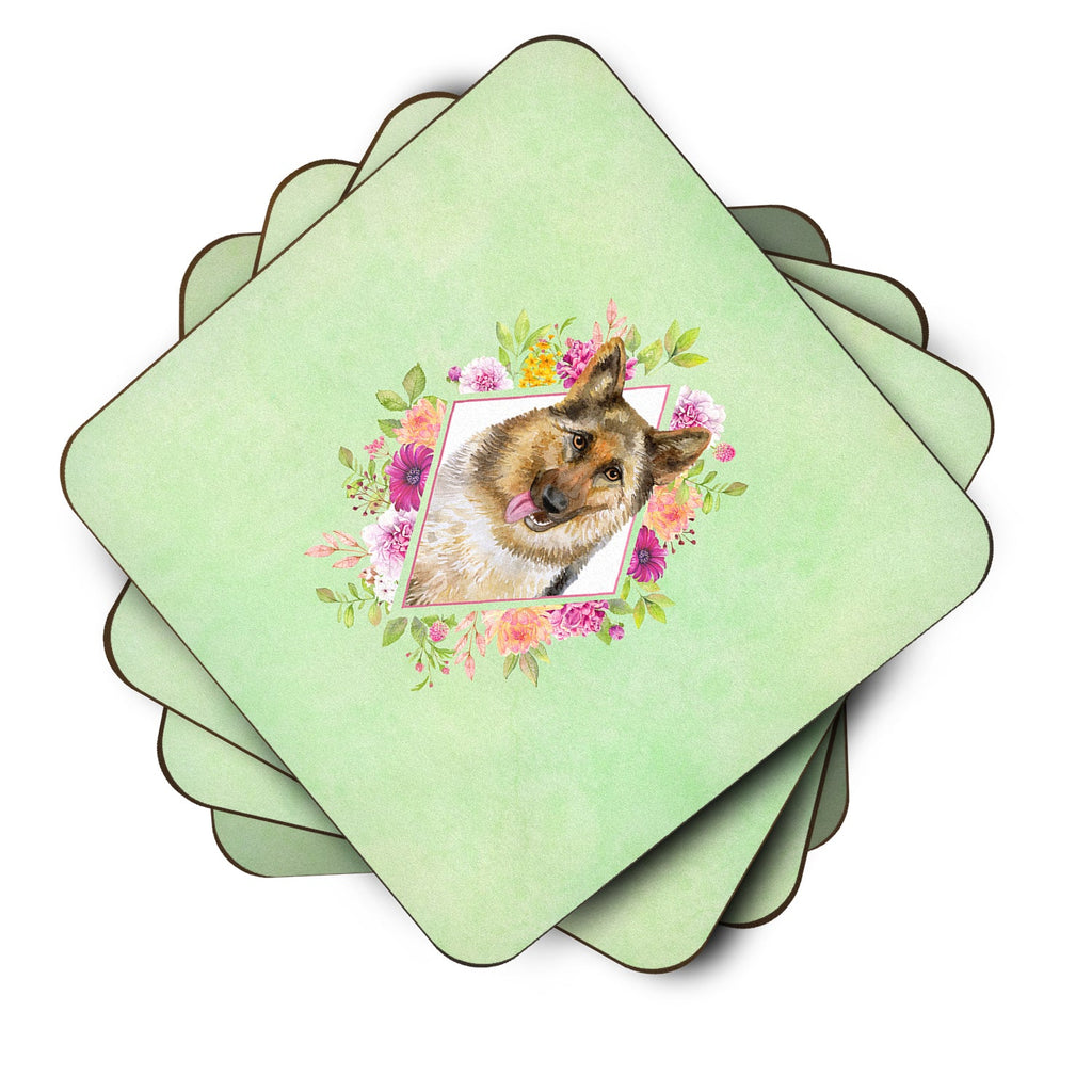 German Shepherd #1 Green Flowers Foam Coasters Set of 4 Cup Coasters for Indoor Outdoor, Tabletop Protection, Anti Slip, Mouse pad Material