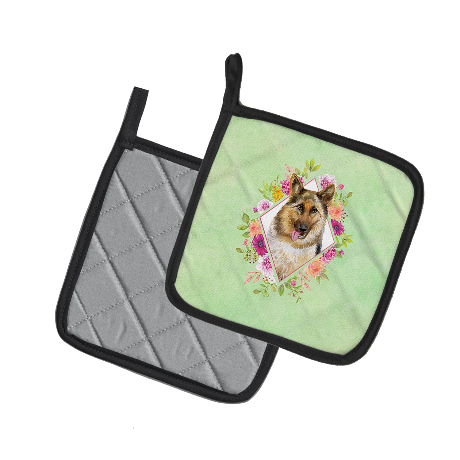 German Shepherd #1 Green Flowers Pot Holder Set of 2 Heat Resistant Quilted Hot Pads 7.5 x 7.5 Inch, Insulated Kitchen Trivets for Cooking & Baking