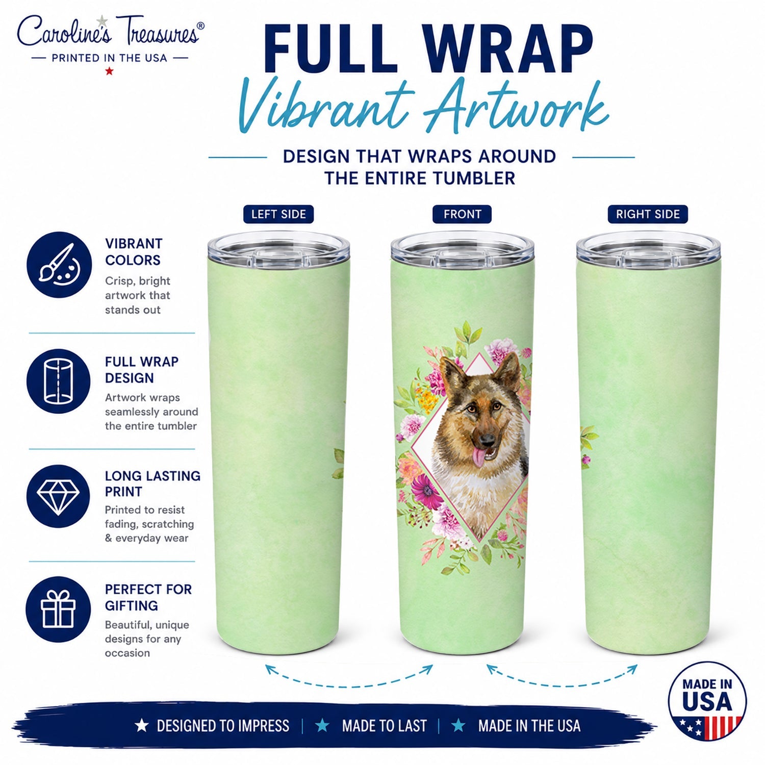 German Shepherd #1 Green Flowers Stainless Steel Skinny Tumbler 20 oz Vacuum Double Walled Reusable Insulated Travel Cup
