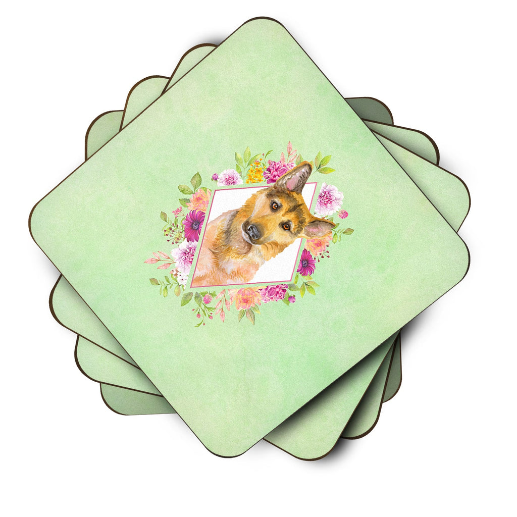 German Shepherd #2 Green Flowers Foam Coasters Set of 4 Cup Coasters for Indoor Outdoor, Tabletop Protection, Anti Slip, Mouse pad Material