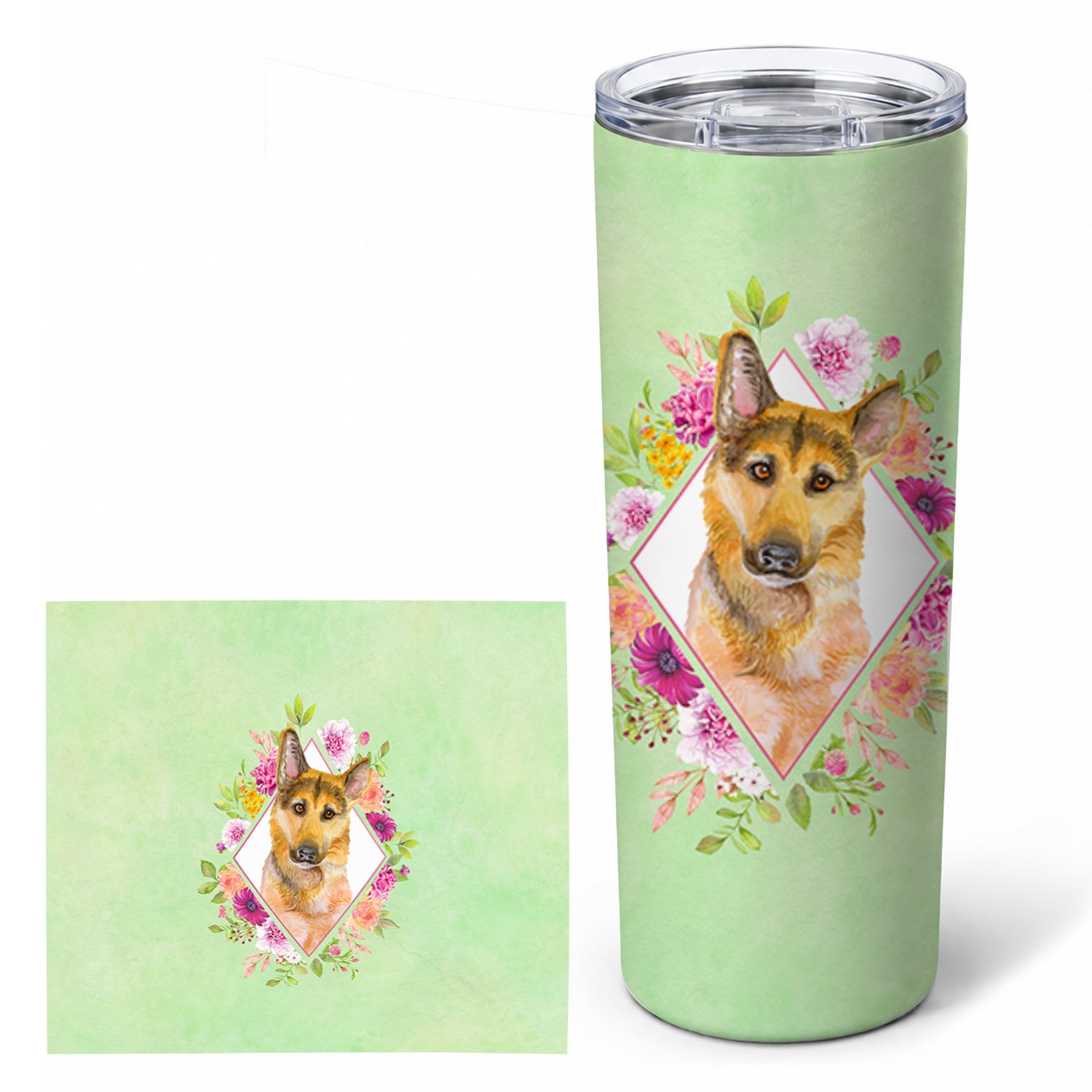 German Shepherd #2 Green Flowers Stainless Steel Skinny Tumbler 20 oz Vacuum Double Walled Reusable Insulated Travel Cup