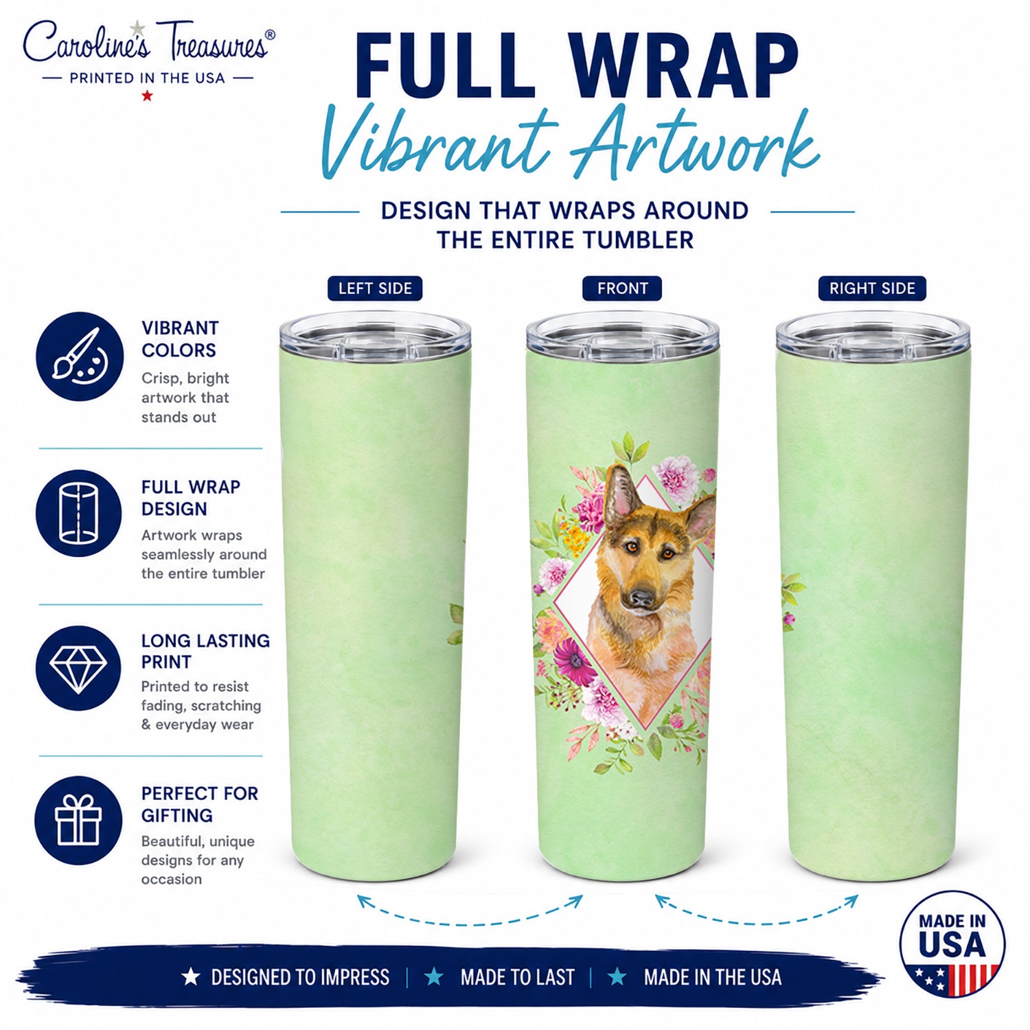 German Shepherd #2 Green Flowers Stainless Steel Skinny Tumbler 20 oz Vacuum Double Walled Reusable Insulated Travel Cup