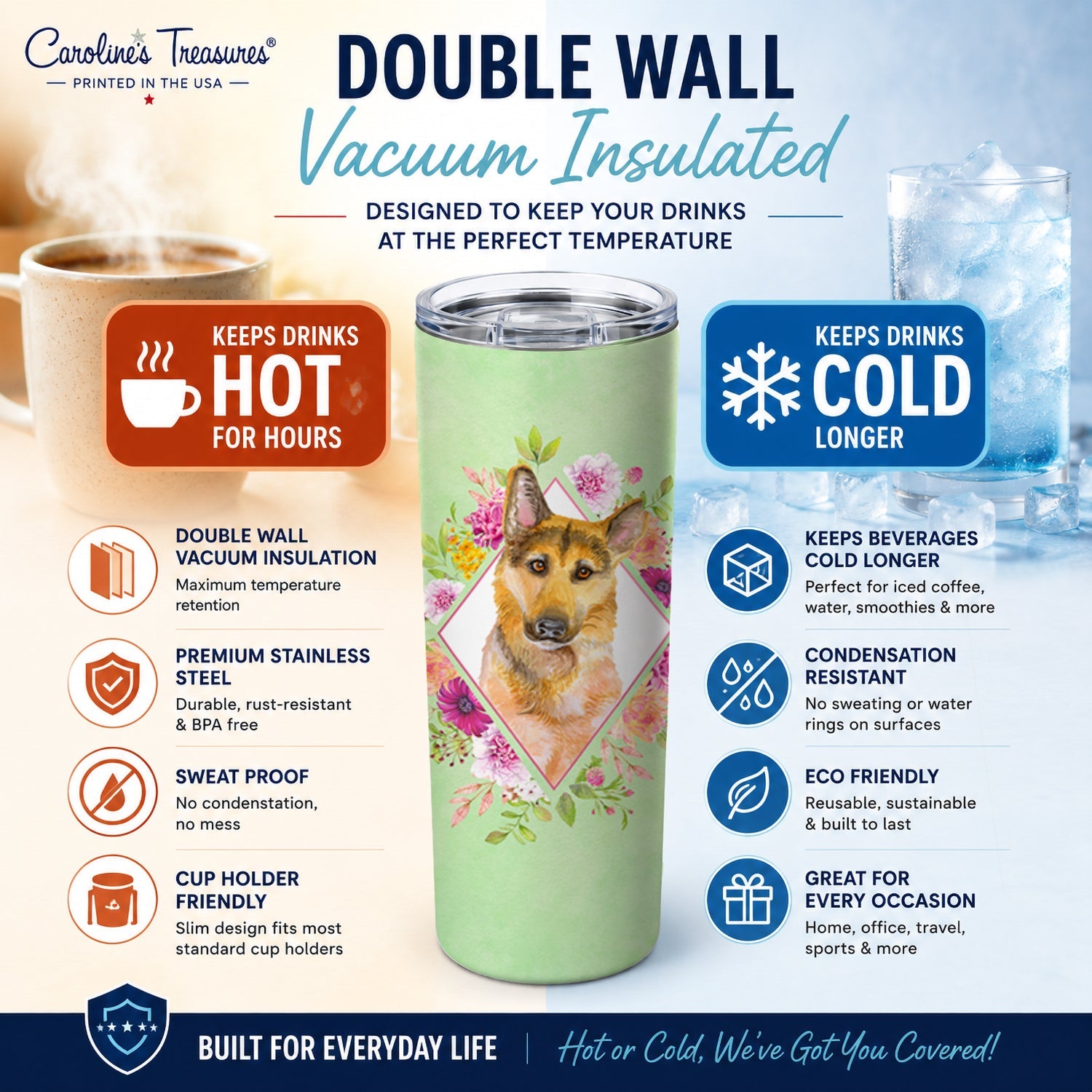 German Shepherd #2 Green Flowers Stainless Steel Skinny Tumbler 20 oz Vacuum Double Walled Reusable Insulated Travel Cup