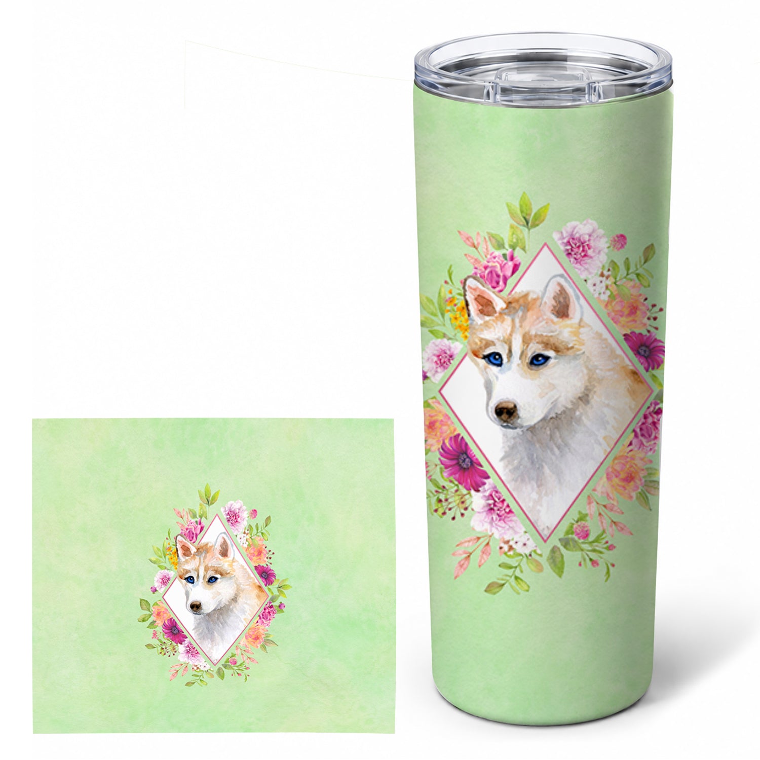 Red Siberian Husky Green Flowers Stainless Steel Skinny Tumbler 20 oz Vacuum Double Walled Reusable Insulated Travel Cup