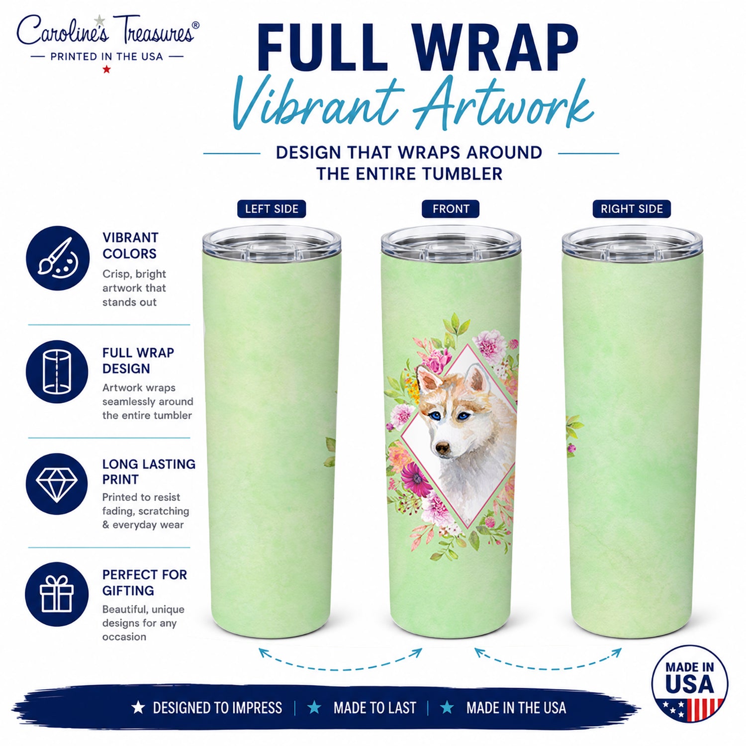 Red Siberian Husky Green Flowers Stainless Steel Skinny Tumbler 20 oz Vacuum Double Walled Reusable Insulated Travel Cup
