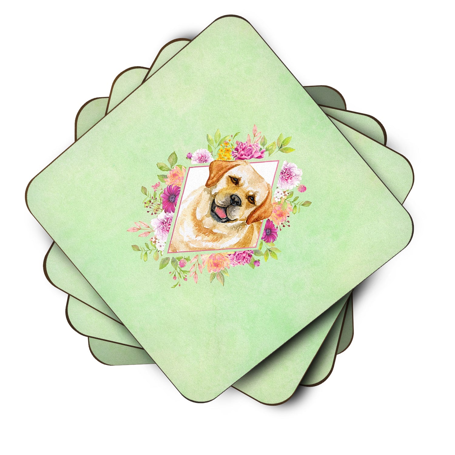 Golden Retriever Green Flowers Foam Coasters Set of 4 Cup Coasters for Indoor Outdoor, Tabletop Protection, Anti Slip, Mouse pad Material
