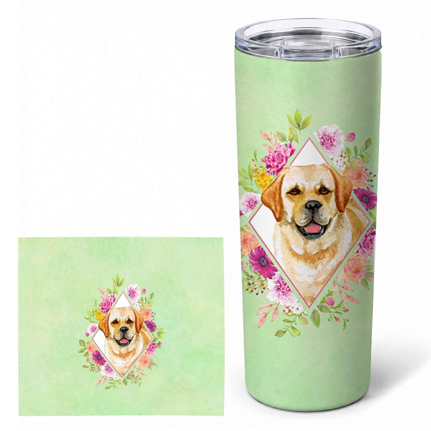 Golden Retriever Green Flowers Stainless Steel Skinny Tumbler 20 oz Vacuum Double Walled Reusable Insulated Travel Cup