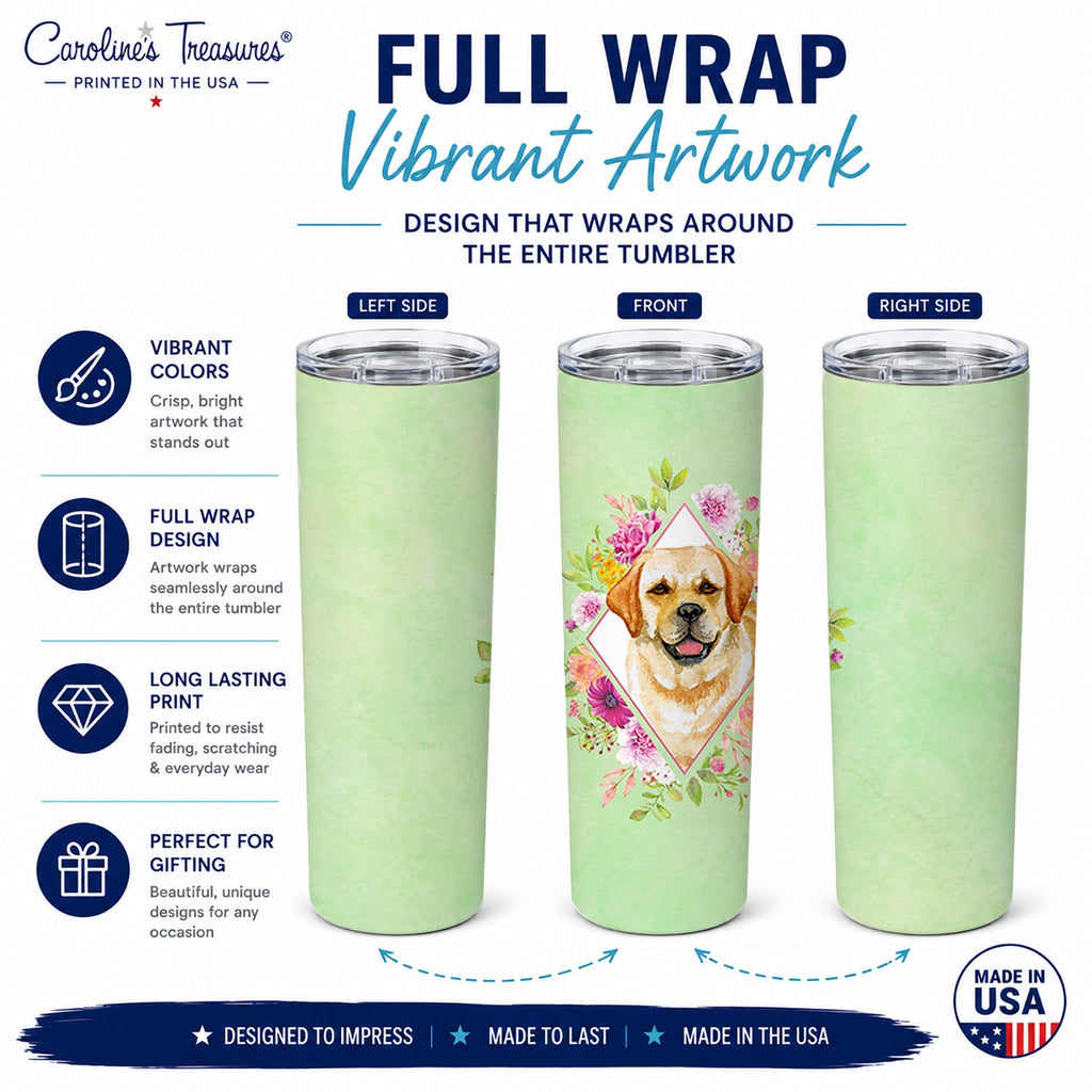 Golden Retriever Green Flowers Stainless Steel Skinny Tumbler 20 oz Vacuum Double Walled Reusable Insulated Travel Cup