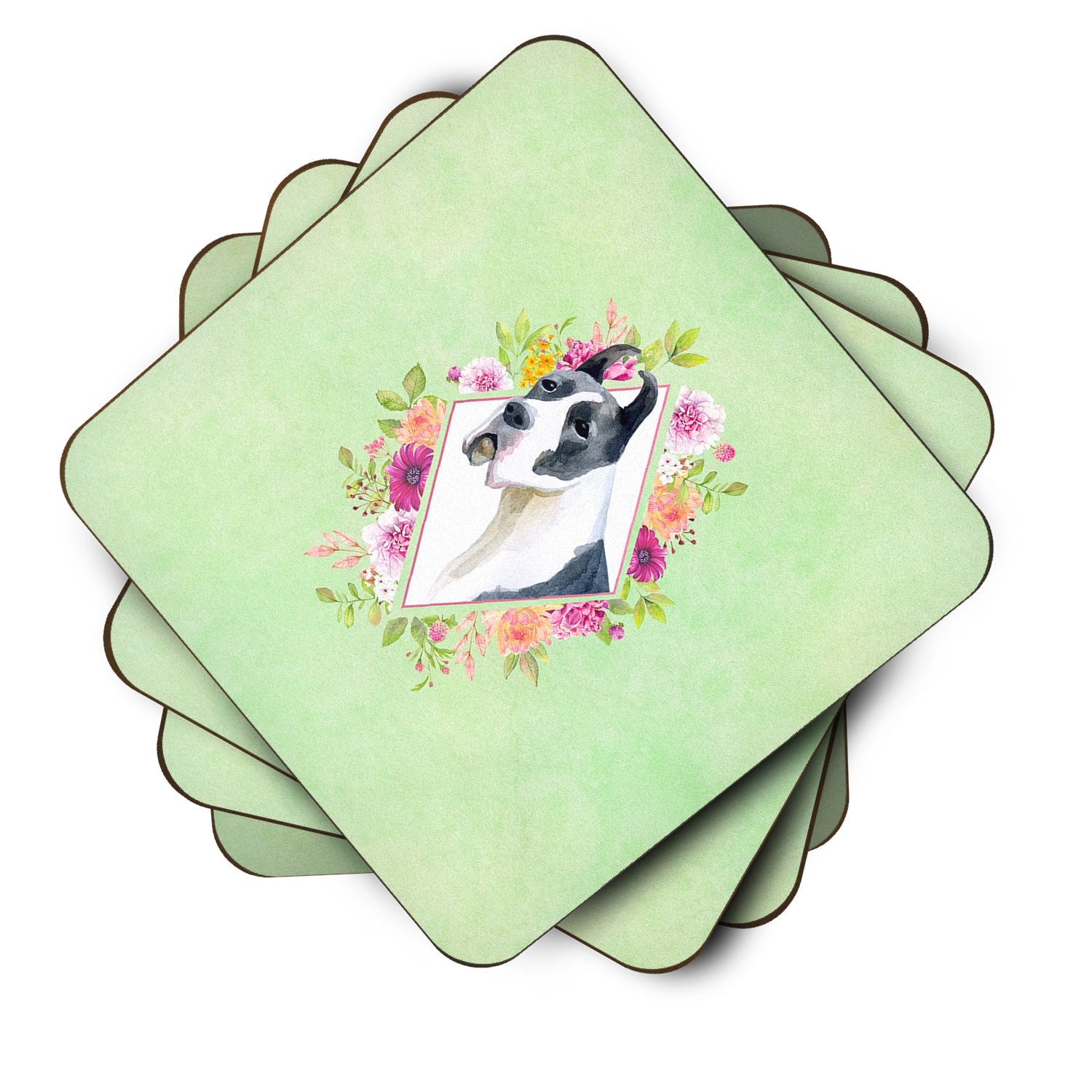 Great Dane Green Flowers Foam Coasters Set of 4 Cup Coasters for Indoor Outdoor, Tabletop Protection, Anti Slip, Mouse pad Material