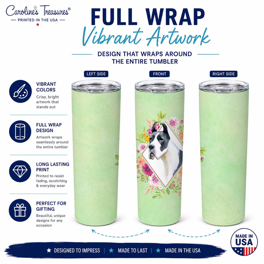 Great Dane Green Flowers Stainless Steel Skinny Tumbler 20 oz Vacuum Double Walled Reusable Insulated Travel Cup