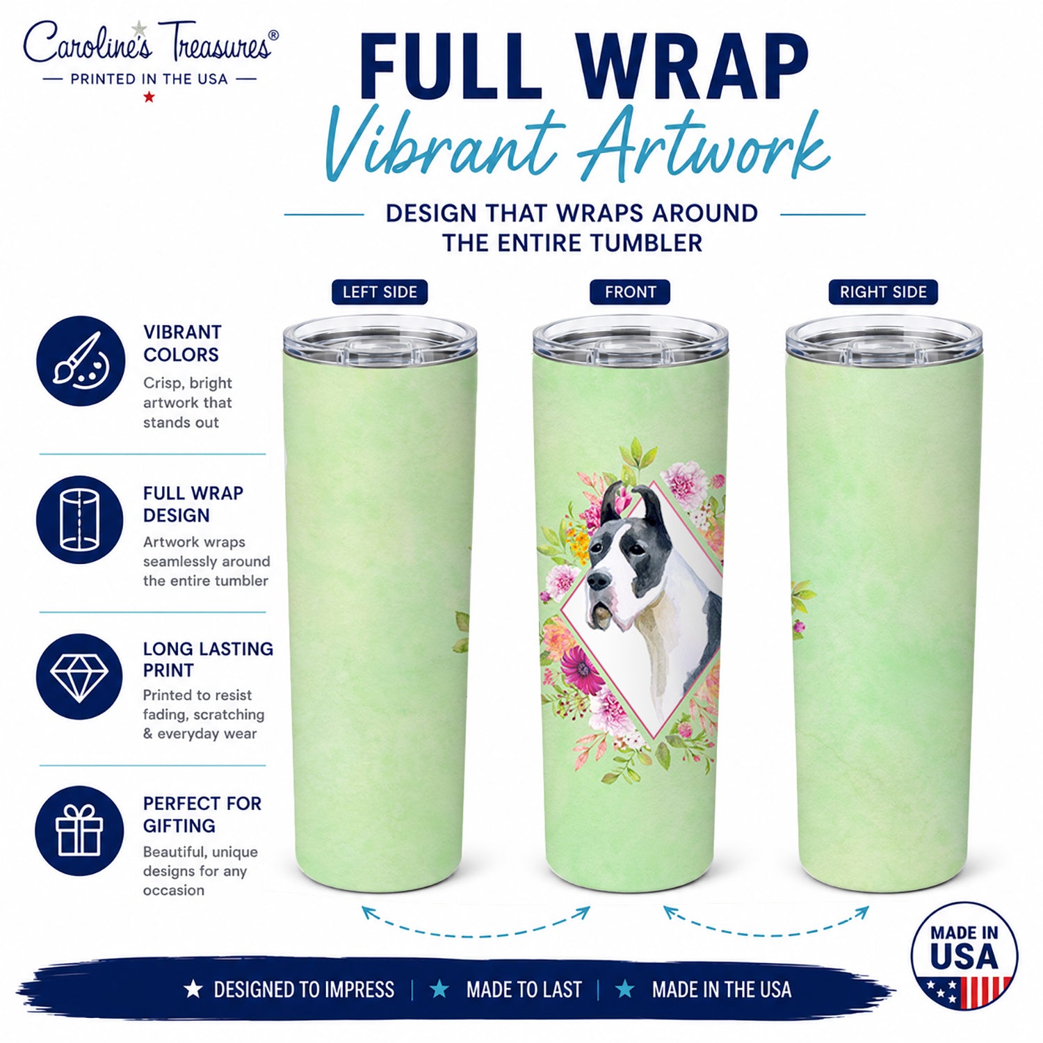 Great Dane Green Flowers Stainless Steel Skinny Tumbler 20 oz Vacuum Double Walled Reusable Insulated Travel Cup