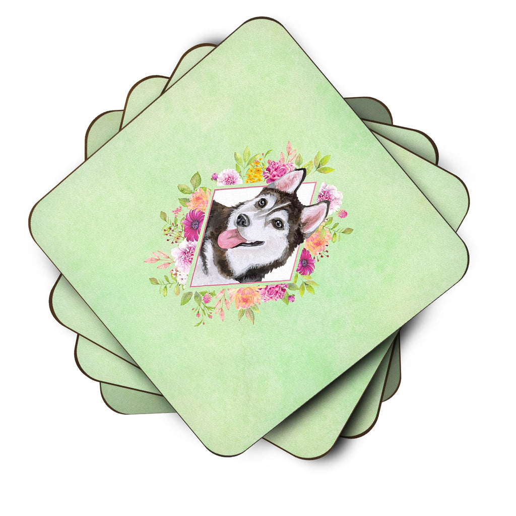 Siberian Husky #1 Green Flowers Foam Coasters Set of 4 Cup Coasters for Indoor Outdoor, Tabletop Protection, Anti Slip, Mouse pad Material