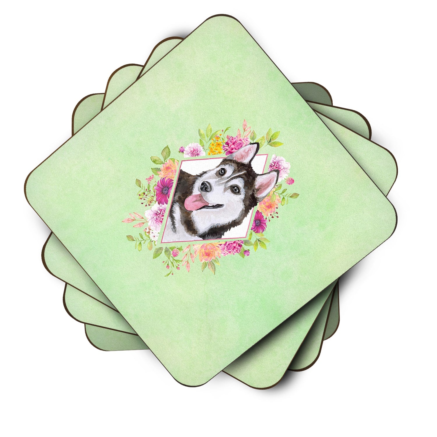Siberian Husky #1 Green Flowers Foam Coasters Set of 4 Cup Coasters for Indoor Outdoor, Tabletop Protection, Anti Slip, Mouse pad Material