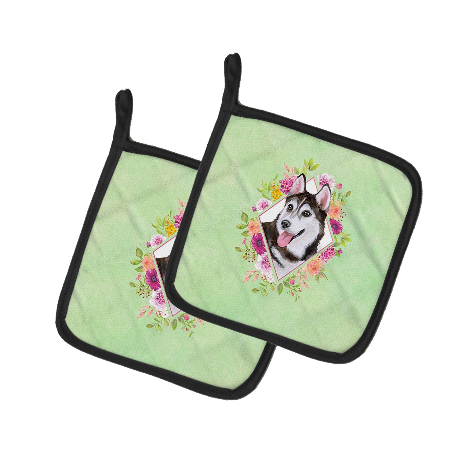 Siberian Husky #1 Green Flowers Pot Holder Set of 2 Heat Resistant Quilted Hot Pads 7.5 x 7.5 Inch, Insulated Kitchen Trivets for Cooking & Baking