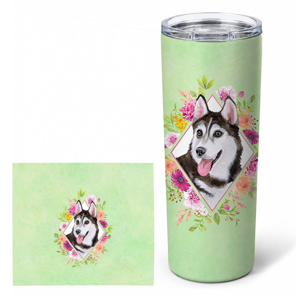 Siberian Husky #1 Green Flowers Stainless Steel Skinny Tumbler 20 oz Vacuum Double Walled Reusable Insulated Travel Cup