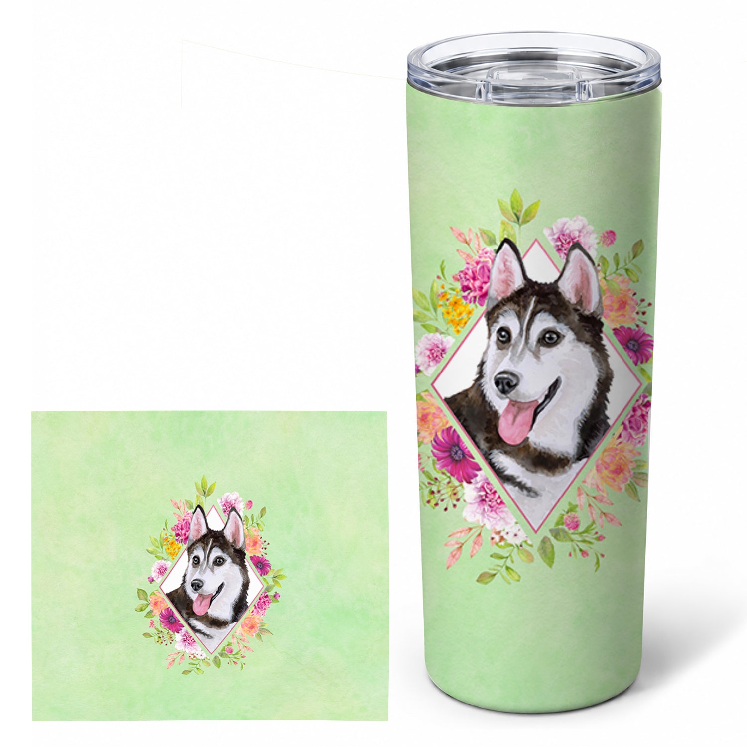 Siberian Husky #1 Green Flowers Stainless Steel Skinny Tumbler 20 oz Vacuum Double Walled Reusable Insulated Travel Cup