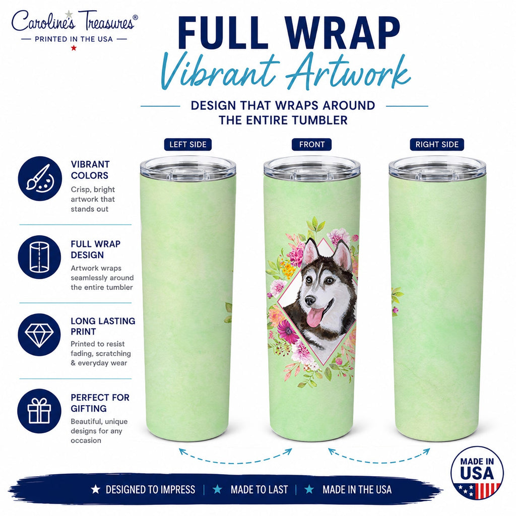 Siberian Husky #1 Green Flowers Stainless Steel Skinny Tumbler 20 oz Vacuum Double Walled Reusable Insulated Travel Cup