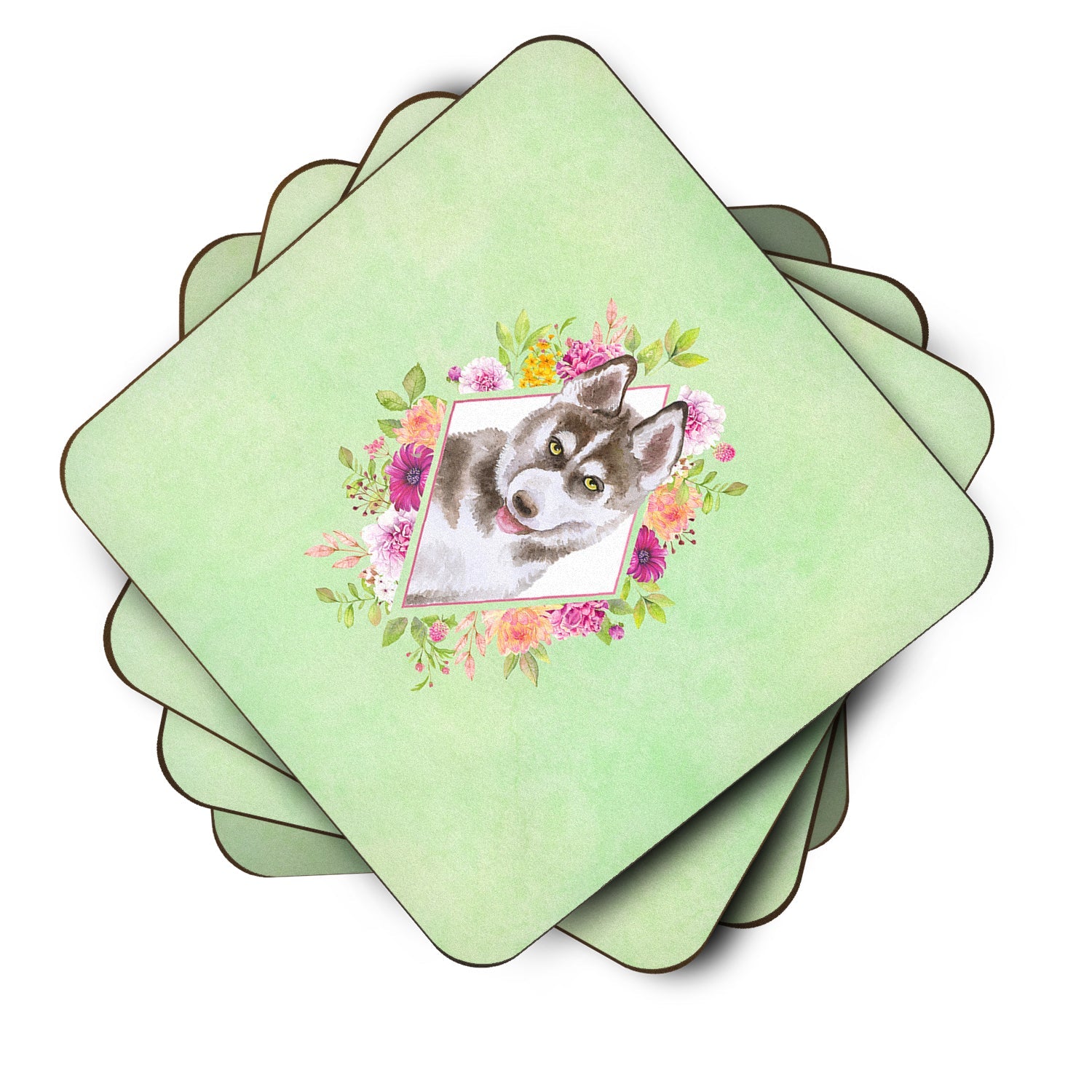 Siberian Husky #2 Green Flowers Foam Coasters Set of 4 Cup Coasters for Indoor Outdoor, Tabletop Protection, Anti Slip, Mouse pad Material