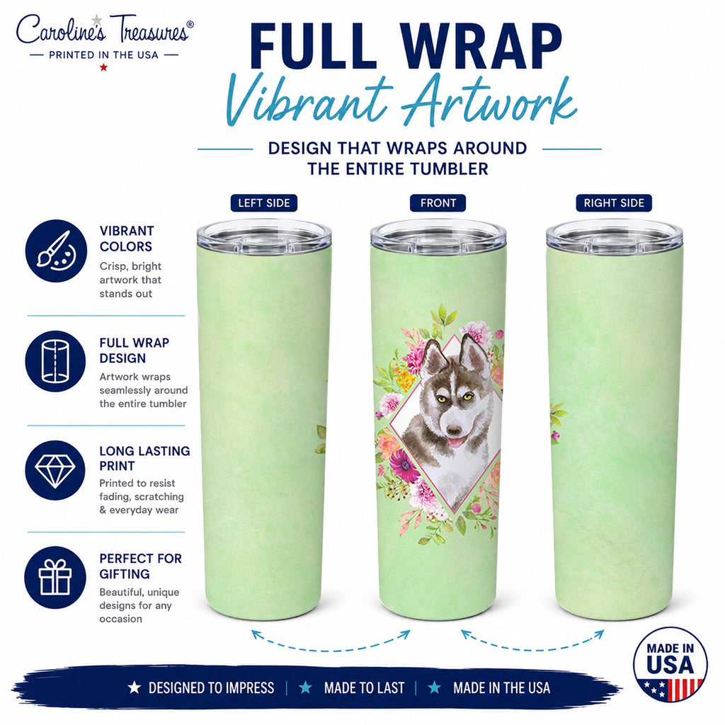 Siberian Husky #2 Green Flowers Stainless Steel Skinny Tumbler 20 oz Vacuum Double Walled Reusable Insulated Travel Cup