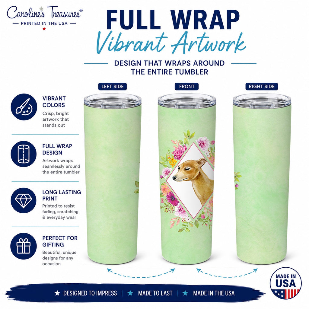 Italian Greyhound Green Flowers Stainless Steel Skinny Tumbler 20 oz Vacuum Double Walled Reusable Insulated Travel Cup