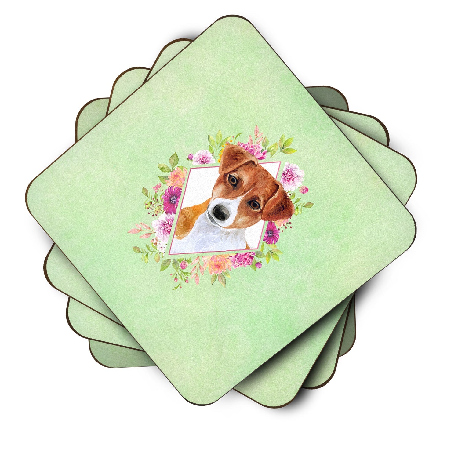 Jack Russell Terrier #2 Green Flowers Foam Coasters Set of 4 Cup Coasters for Indoor Outdoor, Tabletop Protection, Anti Slip, Mouse pad Material