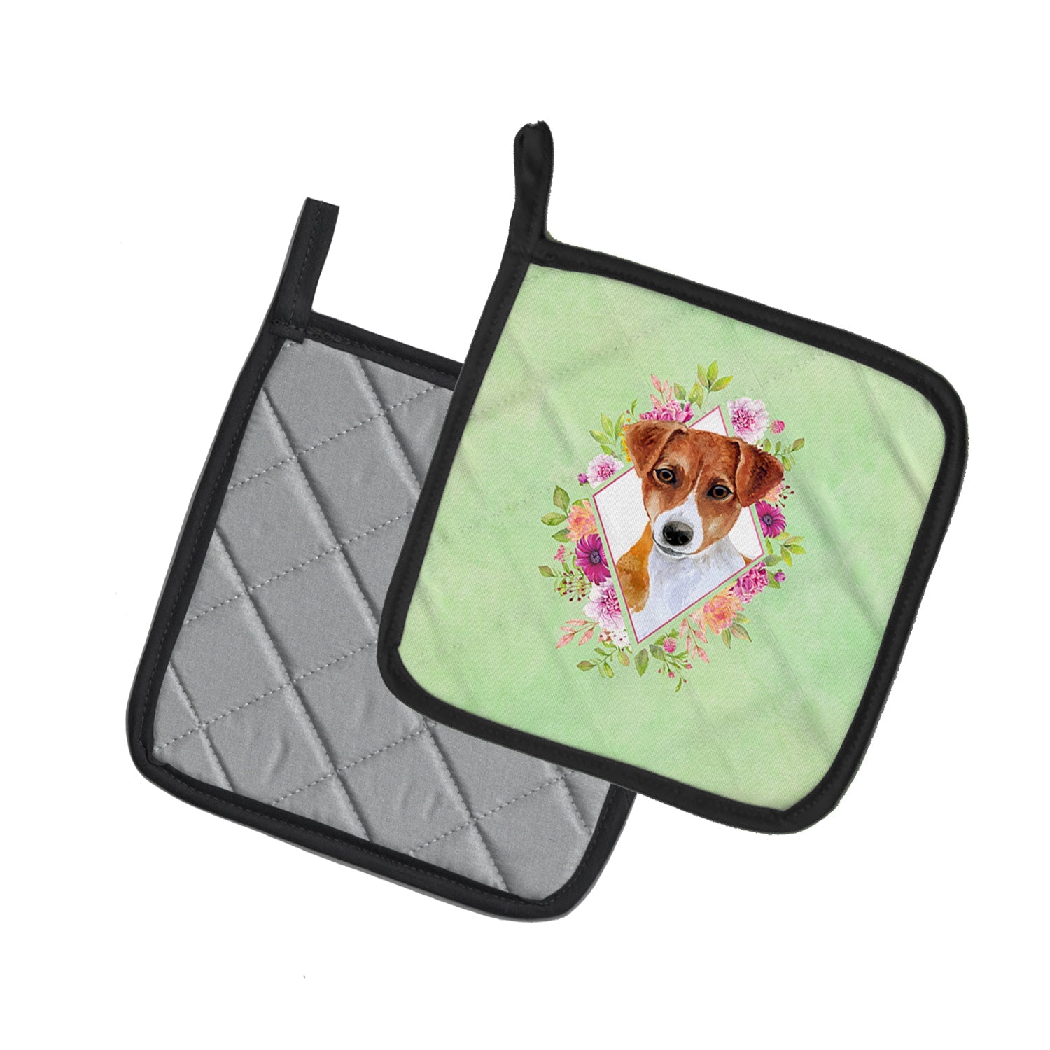 Jack Russell Terrier #2 Green Flowers Pot Holder Set of 2 Heat Resistant Quilted Hot Pads 7.5 x 7.5 Inch, Insulated Kitchen Trivets for Cooking & Baking